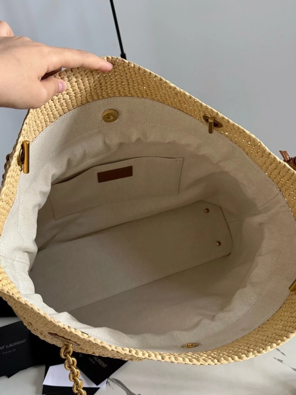 Yves Saint Laurent Tan Raffia Crochet Tote with Gold Chain and YSL Emblem